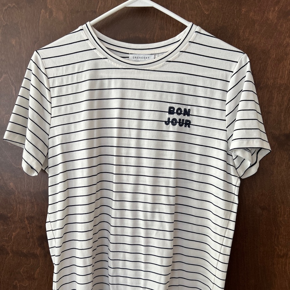 Crescent White & Navy Striped Bon Jour Short Sleeve Tee